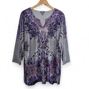 JM Collection Velvet Tunic Top Size 1X Purple Gray Sequins Fairy Boho Artsy Soft